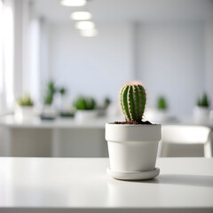 potted cactus on the background of white office, minimalism, office everyday life