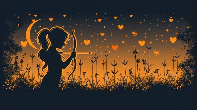 a silhouette of a girl holding a bow and arrow in a field of flowers with hearts flying in the sky.