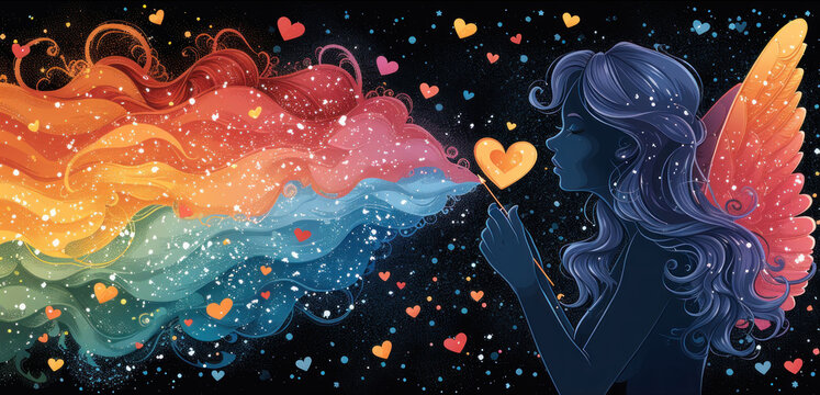 a painting of a woman holding a heart in front of a rainbow - colored rainbow - colored background with hearts.