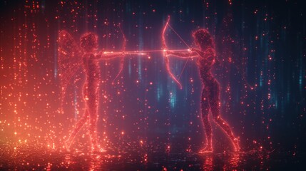 a couple of people standing next to each other with a bow and arrow in the middle of a room filled with lights. - obrazy, fototapety, plakaty