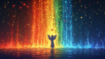 a person standing in a body of water in front of a rainbow colored wall with hearts flying out of it. - obrazy, fototapety, plakaty