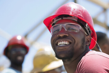 Happy Construction Worker with Hard Hat on Job Site
