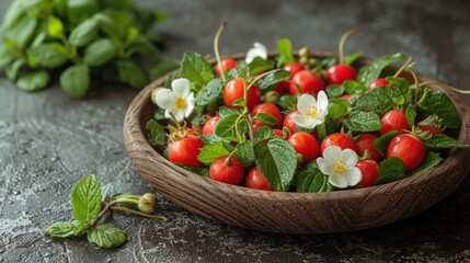 a wooden bowl filled with lots of red and white flowers next to green leaves and a sprig of mint.
