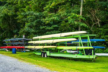 Fototapeta na wymiar Sculls on trailer at boatyard at Lake Lure Marina in North Carolina