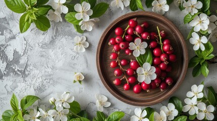 a wooden bowl filled with red berries and white flowers on top of a gray and white surface with leaves and flowers around it.