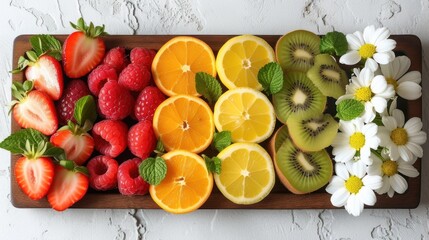 a wooden cutting board topped with cut up fruit and flowers on top of a white brick wall next to a white brick wall.