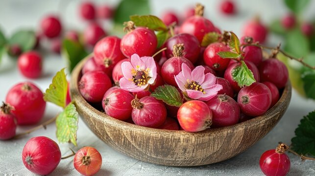 a wooden bowl filled with lots of cherries next to green leaves and a pink flower on top of a table.