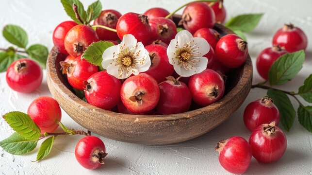 a wooden bowl filled with lots of cherries next to green leaves and a white flower on top of a table.