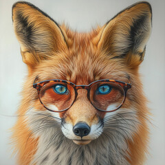 portrait of a fox wearing glasses in colored pencil painting design isolated against white background - obrazy, fototapety, plakaty