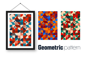 Picture frame with geometric trendy pattern. Modern background, simple elements. Retro texture, basic geometric shapes. Print design, minimalist poster cover. Vector illustration