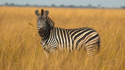 Fototapeta na wymiar a zebra standing in the middle of a field of tall grass with another zebra in the background looking at the camera.