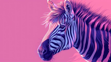 a close up of a zebra's head on a pink and purple background with a pink sky in the background.
