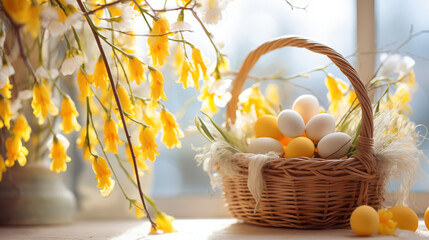 Wiosenne jasne tło na życzenia Wielkanocne. Alleluja - Wesołych świąt Wielkiej Nocy. Jajka, kwiaty i inne wiosenne dekoracje. - obrazy, fototapety, plakaty