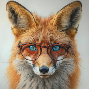 portrait of a fox wearing glasses in colored pencil painting design isolated against white background