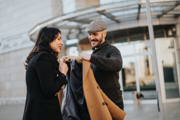 Fototapeta premium Smiling woman receiving coat from cheerful man in urban setting winter fashion. Woman receiving a coat from her male partner while she is shaking from the cold.