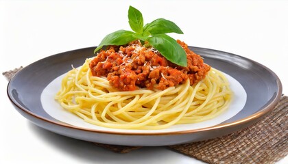 Macarrão espaguete ao molho molho bolonhesa isolado no fundo branco. Massa, molho de tomate, carne bovina. Comida italiana.