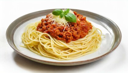 Macarrão espaguete ao molho molho bolonhesa isolado no fundo branco. Massa, molho de tomate, carne bovina. Comida italiana. - obrazy, fototapety, plakaty