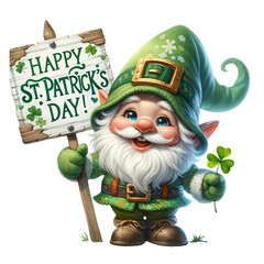 A whimsical leprechaun holds a 'Happy St. Patrick's Day' sign, watercolor illustration
