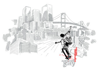 Vector, hand-drawn illustration of city in sketch style and silhouette of skateboarder.