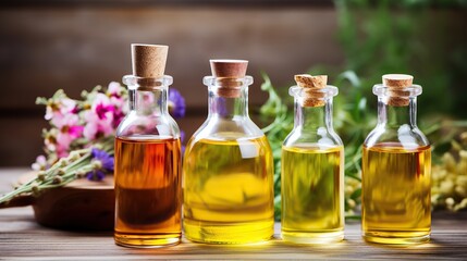 Obraz na płótnie Canvas Bottle of essential oil or medicinal plant infusion. Alternative medicine.