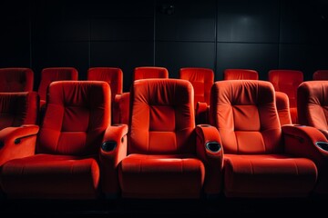 Obraz premium Modern red leather cinema seats in neat rows in a dimly lit space. The elegant chairs are empty, creating a quiet atmosphere for a movie or performance.