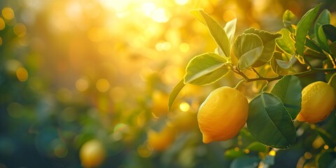 Bunch of fresh ripe lemons on a lemon tree branch in sunny garden. Ai generative