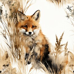 Fototapeta premium Red fox in tall green grass, looking curious and warm under the sunlight. Perfect for nature lovers seeking a tranquil image for their website, blog, or print projects.