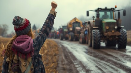 A woman supporting the farmers' strike. Generative AI. - obrazy, fototapety, plakaty