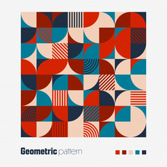 Geometric trendy pattern. Modern colorful background with simple elements. Retro texture with basic geometric shapes. Print design, minimalist poster cover. Vector illustration