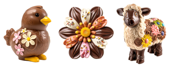Decorated colorful chocolate Easter figures of bird, flowers and sheep over isolated transparent background
