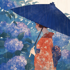 雨に咲くアジサイの花と傘をさした着物の女性