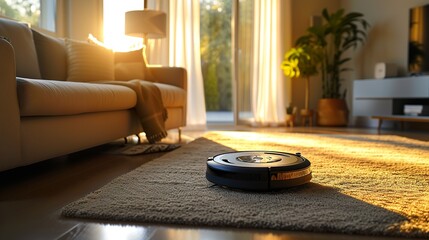 A shot of a clen machine vacuuming a rug in a well light modern living room. Ai generative