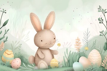 Delicate illustration of a stuffed bunny with Easter eggs in a fantasy world