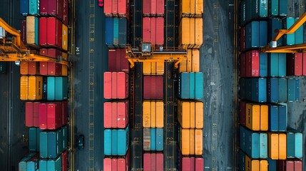 An aerial view shows the complex structure of a seaport with neatly stacked colorful containers, massive cranes and a loading cargo ship. Ai generative - obrazy, fototapety, plakaty