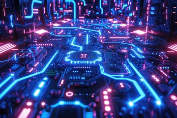 Abstract technology background, neon circuit, blue neon, The Rhythm of Digital Universe, cyber security, blockchain, artificial intelligence, and the profound depths of the virtual cosmos