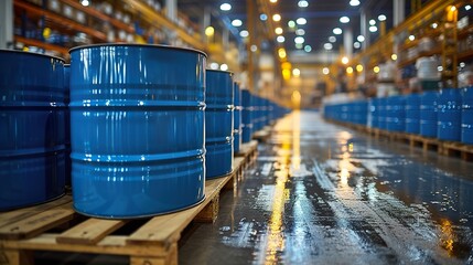 Blue barrel drum on the pallets contain liquid chemical in warehouse prepare for delivery to customer by made to order. Manufacture of chemicals production. Ai generative - obrazy, fototapety, plakaty