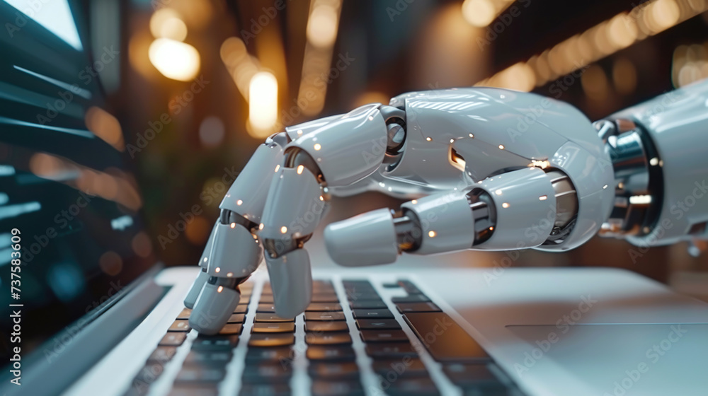 Poster robotic hand interfacing with the digital world point to laptop chatbot robotic, advanced technology