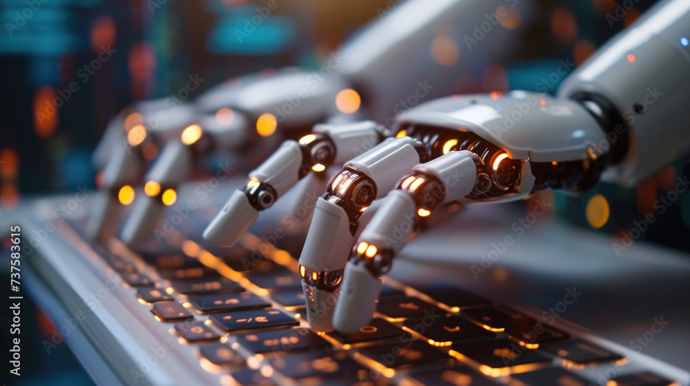 Poster robotic hand interfacing with the digital world point to laptop chatbot robotic, advanced technology