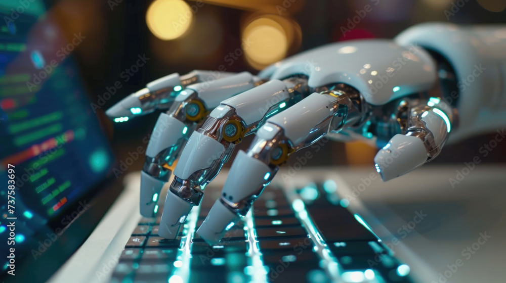 Poster robotic hand interfacing with the digital world point to laptop chatbot robotic, advanced technology