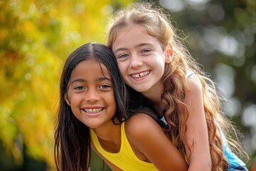 Fototapeta premium Two young girls sharing a warm embrace in a park during their summer camp.