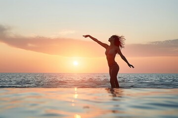 A young woman stands gracefully in the water as the sun sets behind her.