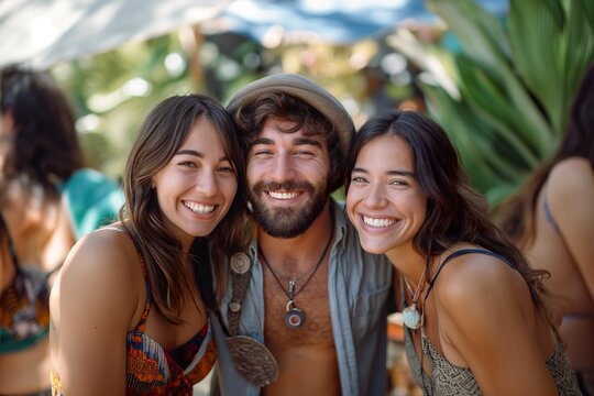 Polyamory, A man and two women, embracing the concept of polyamory, stand together and pose for a photograph.