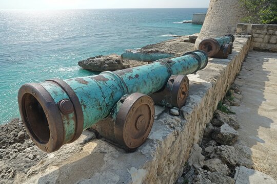 An old cannon sits on a stone wall next to the ocean, showcasing a piece of history in a coastal setting.