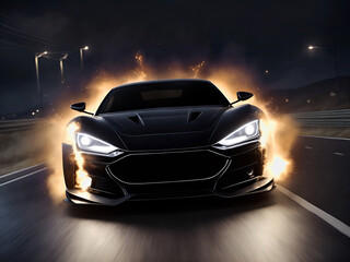 Blazing Speed: black racing supercar ignites the night highway with flames. Sports car on fire