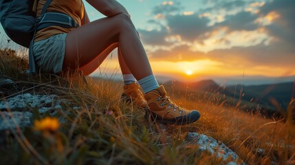 Hiker’s Point of View: A shot from a hiker’s perspective, showing boots and the trail ahead. Ai generative - obrazy, fototapety, plakaty