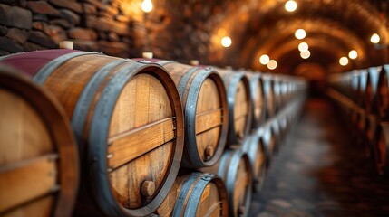 Oak barrels for aging wine in a cellar. Ai generative