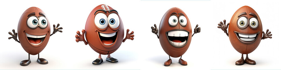 Four Animated Football Characters in Various Poses Displaying Emotion and Personality. American football.