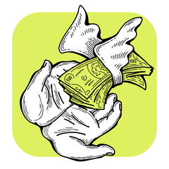 Big dollars banknotes money in your hands. Finance business, commerce, payment economy  theme for poster print, design elements. Take or give loan. Hand drawn illustration. Cartoon style drawing.