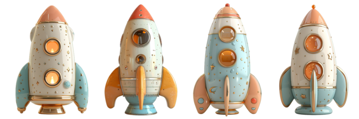 cute toy rocket isolated on transparent background ,plastic rocket toy ,generative ai
