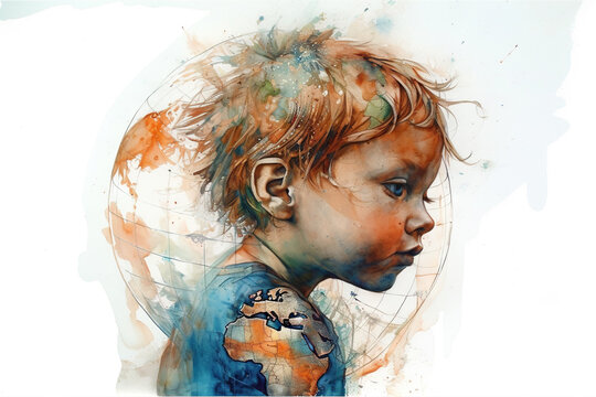 Artistic watercolor portrait of a child merged with a map of the world - Generative AI